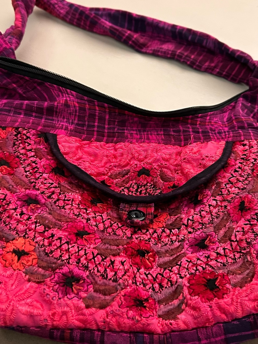 Vibrant Pink Plaid Shoulder Bag with Padded Strap